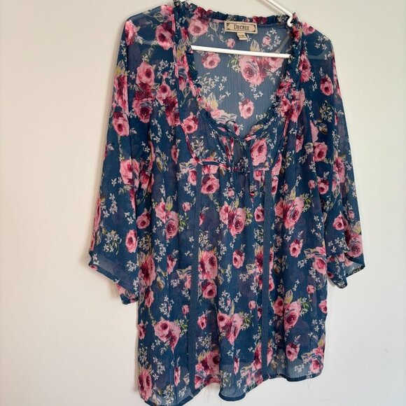 DECREE Peasant Scoop Neck Crepe Blouse Women XL Floral Teal Pink 3/4 Sleeve Boho - Picture 1 of 9